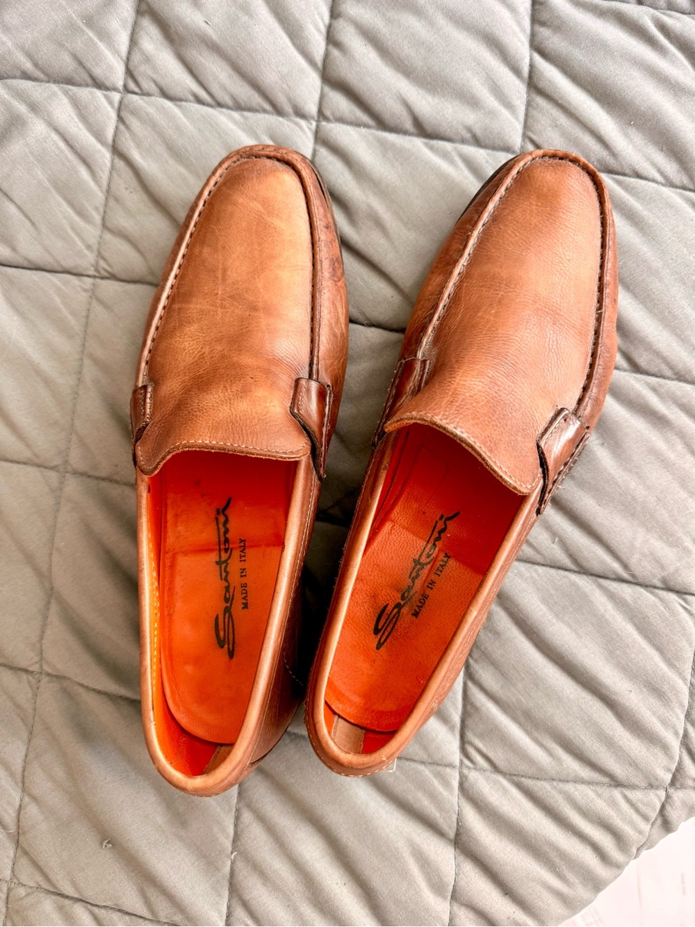 Italian Leather Santoni Slip-On Loafers with Orange Insole